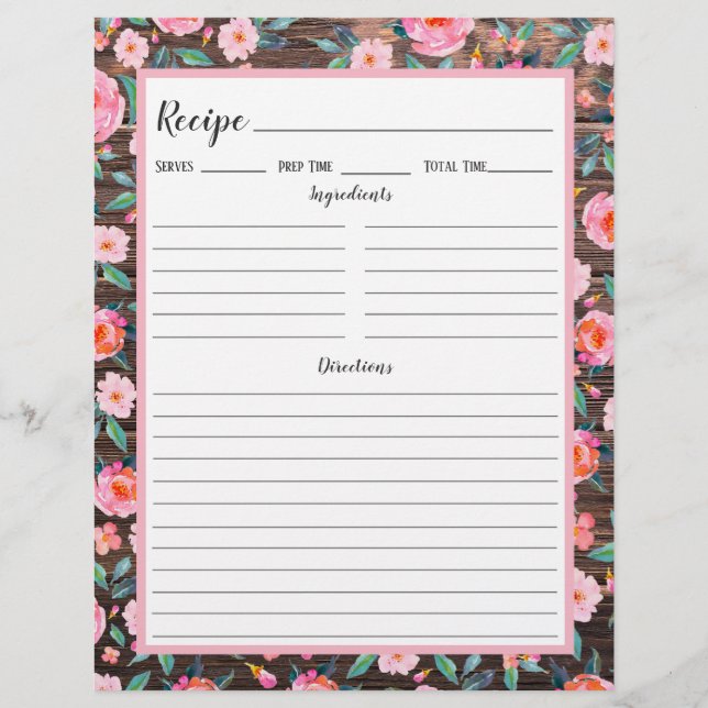 Rustic Pink Floral Dark Wood Recipe Binder Page (Front)