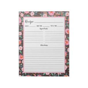 Rustic Pink Floral Dark Wood Recipe Notepad