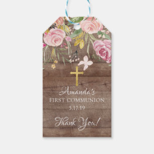 Rustic Pink Floral First Communion Favour Gift Tag