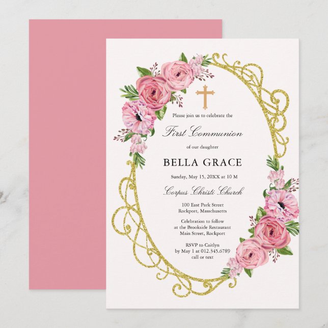 Rustic Pink Floral First Holy Communion Invitation (Front/Back)