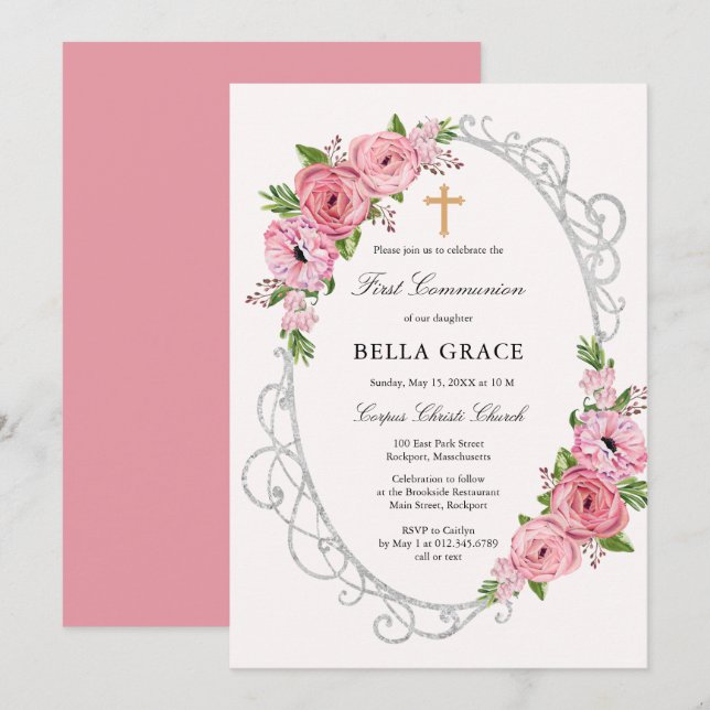 Rustic Pink Floral First Holy Communion Invitation (Front/Back)