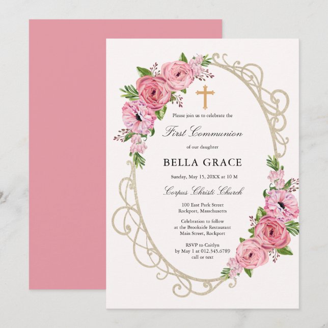 Rustic Pink Floral First Holy Communion Invitation (Front/Back)