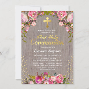 Rustic Pink Floral First Holy Communion Invitation