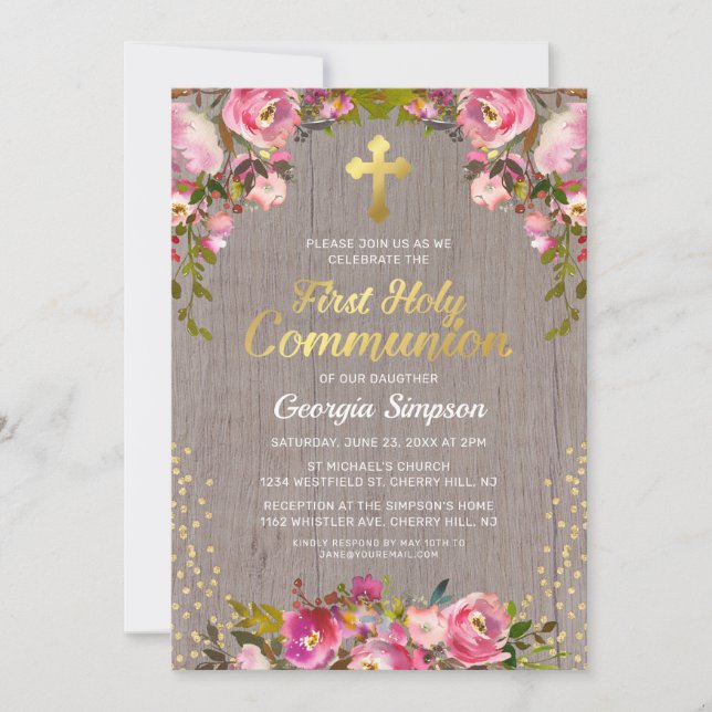Rustic Pink Floral First Holy Communion Invitation (Front)