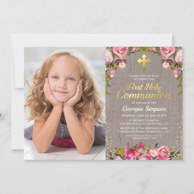 Rustic Pink Floral First Holy Communion Photo Invitation (Front)