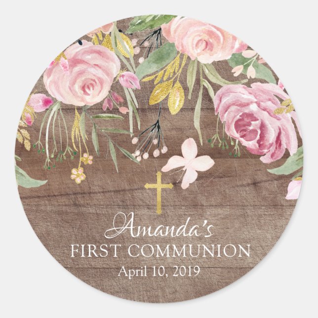 Rustic Pink Floral First Holy Communion Sticker (Front)
