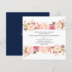 Rustic Pink Floral Frame Navy Blue Wedding Invitation