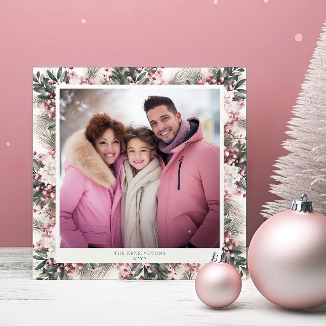 Rustic Pink Floral Gingham Plaid Holiday Photo (Creator Uploaded)