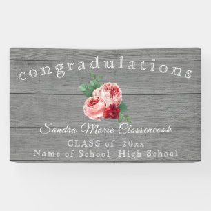 Rustic Pink Floral graduation Rustic Grey Wood Banner