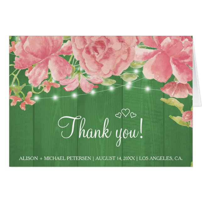 Rustic pink floral green wood wedding thank you (Front Horizontal)