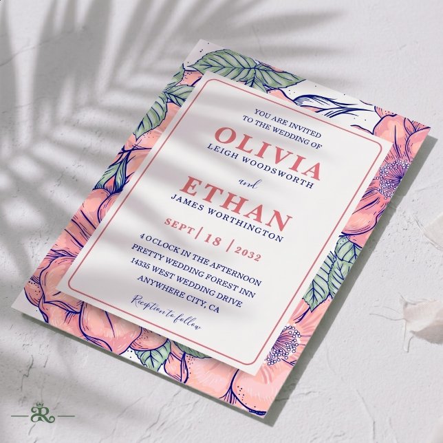 Rustic Pink Floral Hand Drawn Botanical Wedding  Invitation (Creator Uploaded)