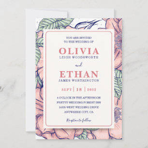 Rustic Pink Floral Hand Drawn Botanical Wedding Invitation