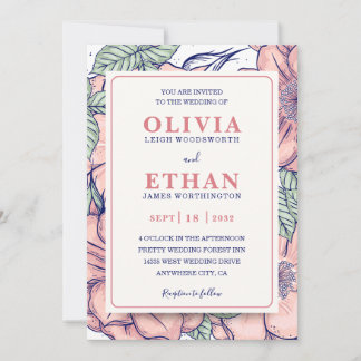 Rustic Pink Floral Hand Drawn Botanical Wedding  Invitation