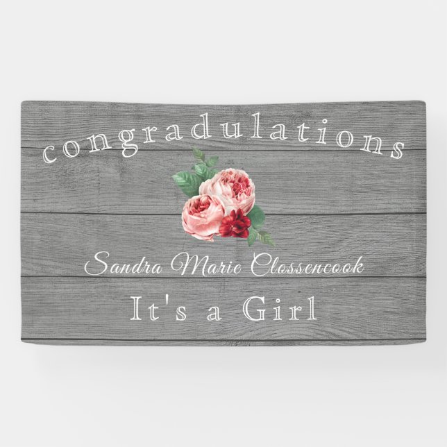 Rustic Pink Floral Its a Girl Rustic Grey Wood  Ba Banner (Horizontal)