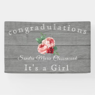 Rustic Pink Floral Its a Girl Rustic Grey Wood  Banner