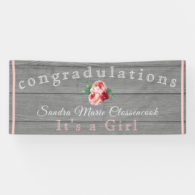 Rustic Pink Floral Its a Girl Rustic Grey Wood  Banner (Horizontal)