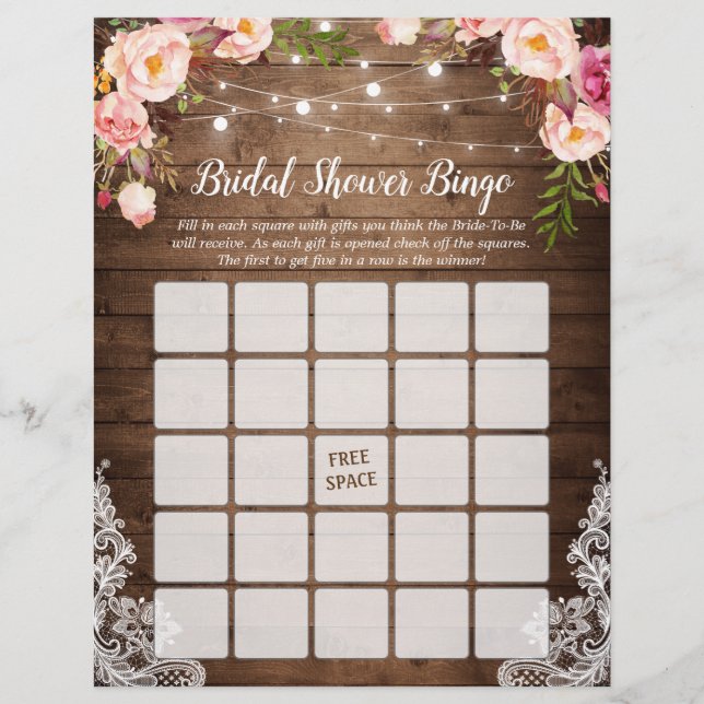 Rustic Pink Floral Lace Bridal Shower Bingo Game Flyer (Front)