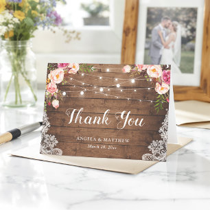 Rustic Pink Floral Lace String Lights Thank You Card