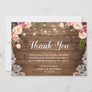 Rustic Pink Floral Lace String Lights Thank You Card