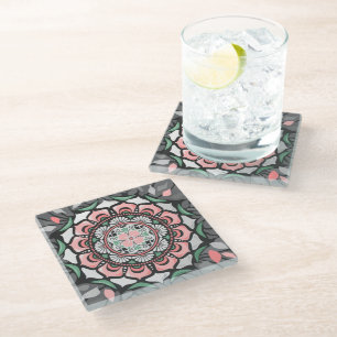 Rustic Pink Floral Mandala Glass Coaster