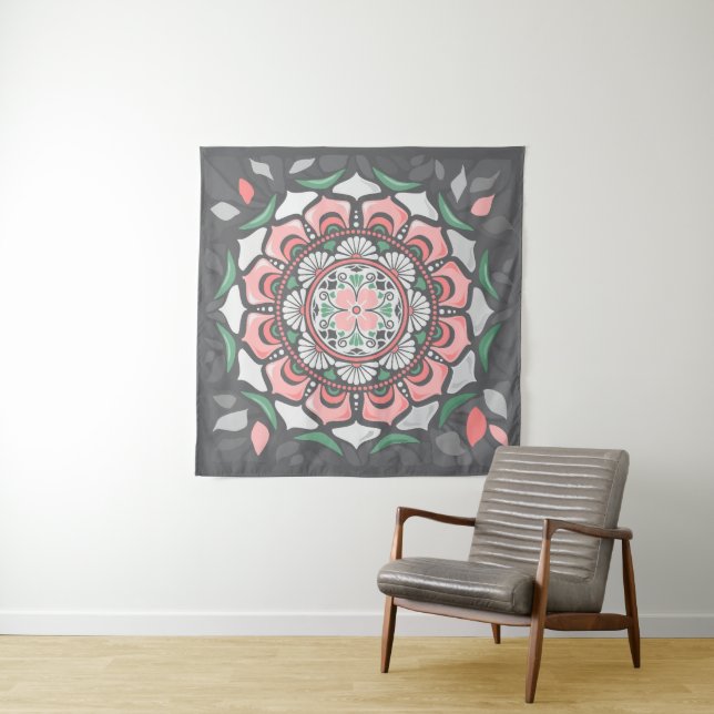 Rustic Pink Floral Mandala Tapestry (In Situ)