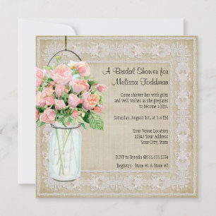Rustic Pink Floral Mason Jar Roses Bridal Shower  Invitation
