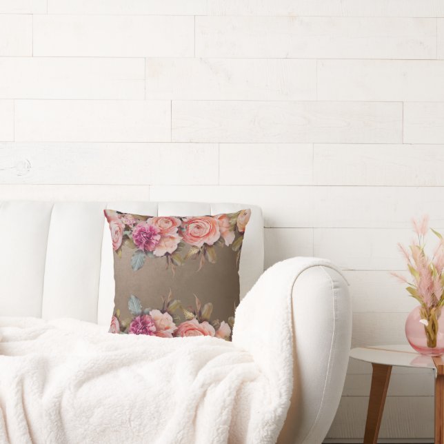 Rustic Pink Floral Neutral Colour Vintage Cushion (Couch)