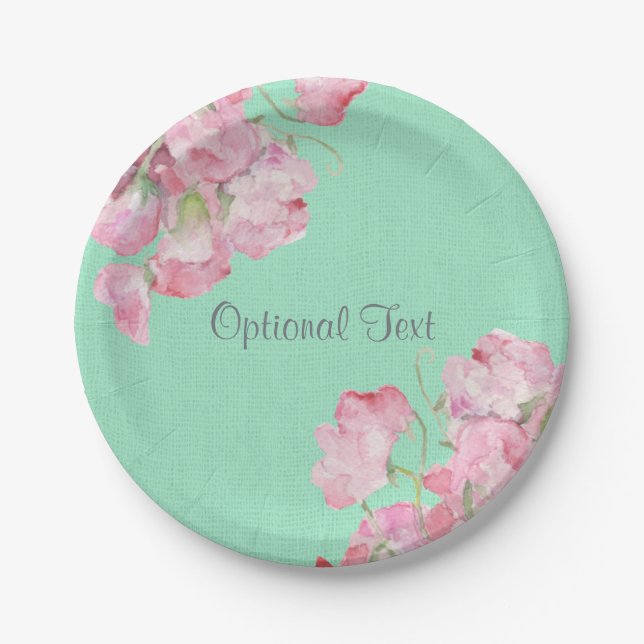 Rustic Pink Floral on Mint Green Burlap Paper Plate (Front)