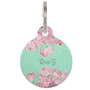Rustic Pink Floral on Mint Green Burlap Pet Tag