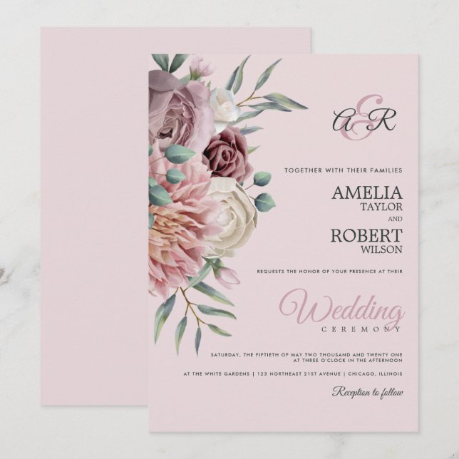 Rustic Pink Floral on Olive Green Invitation (Front/Back)
