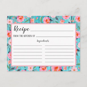 Rustic Pink Floral Pattern Aqua Wood Recipe Card