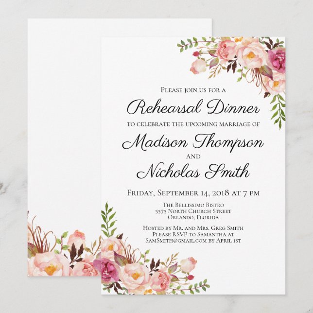 Rustic Pink Floral Rehearsal Dinner Invitations (Front/Back)