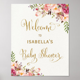 Rustic Pink Floral Roses Baby Shower Welcome Sign