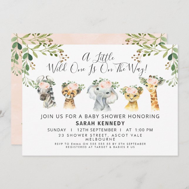 Rustic Pink Floral Safari Baby Shower Invitation (Front/Back)