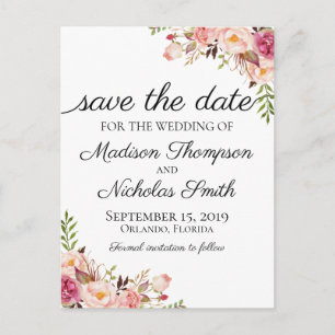 Rustic Pink Floral Save the Date Postcards