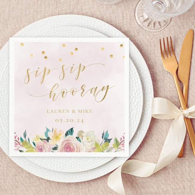 Rustic Pink Floral Sip Sip Hooray Bridal Shower Napkin (Creator Uploaded)