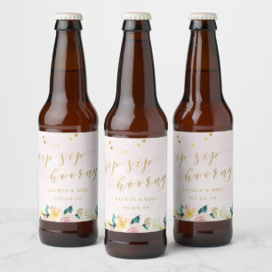 Rustic Pink Floral Sip Sip Hooray Wedding Beer Bottle Label