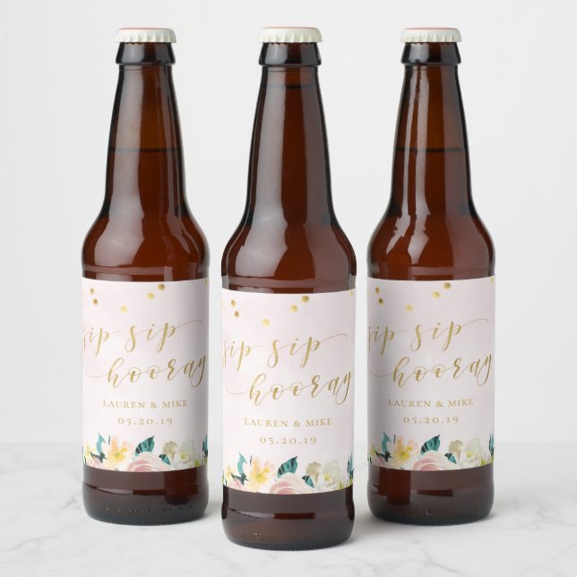 Rustic Pink Floral Sip Sip Hooray Wedding Beer Bottle Label (Bottles)