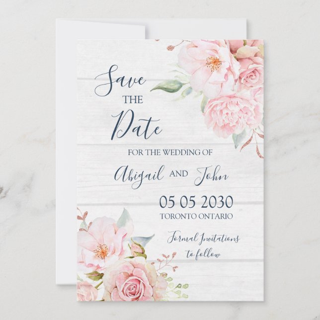 Rustic Pink Floral Spring Save the Date Card (Front)