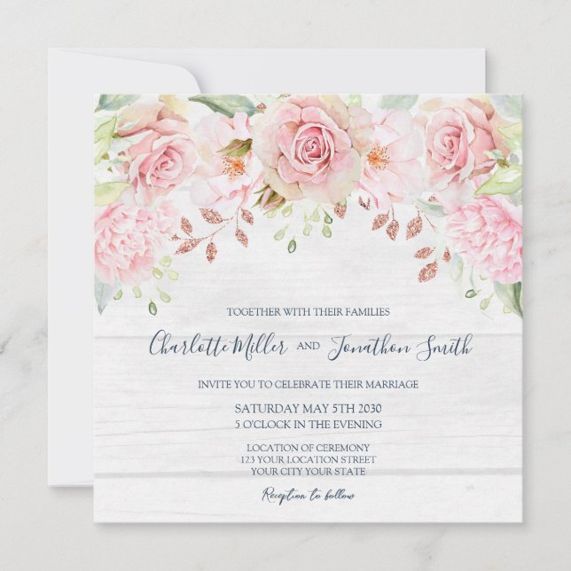 Rustic Pink Floral Spring Wedding Invitations (Front)