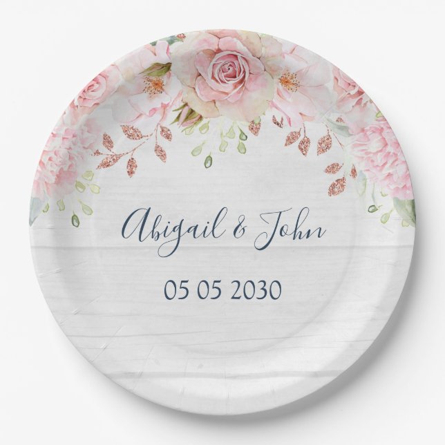 Rustic Pink Floral Spring Wedding Paper Plate (Front)