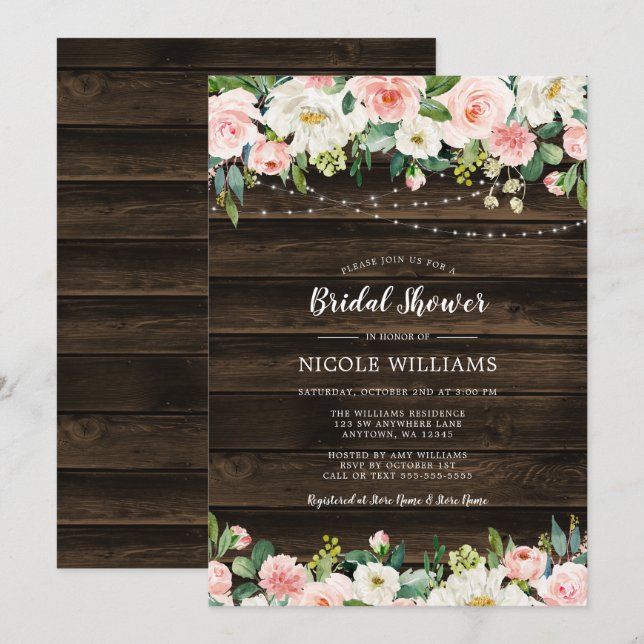 Rustic Pink Floral String Lights Bridal Shower Invitation (Front/Back)