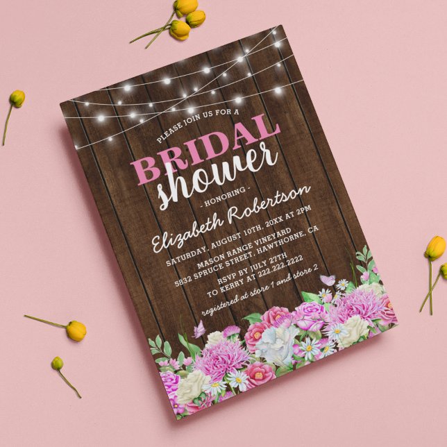 Rustic Pink Floral String Lights Bridal Shower Invitation (Creator Uploaded)