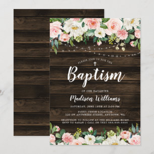 Rustic Pink Floral String Lights Girl Baptism Invitation
