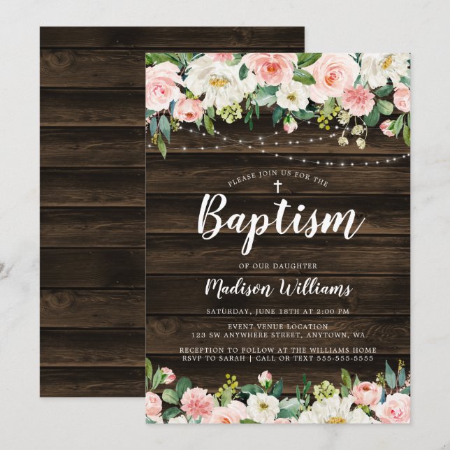 Rustic Pink Floral String Lights Girl Baptism Invitation (Front/Back)
