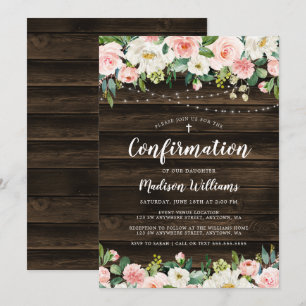 Rustic Pink Floral String Lights Girl Confirmation Invitation