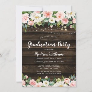 Rustic Pink Floral String Lights Graduation Party Invitation