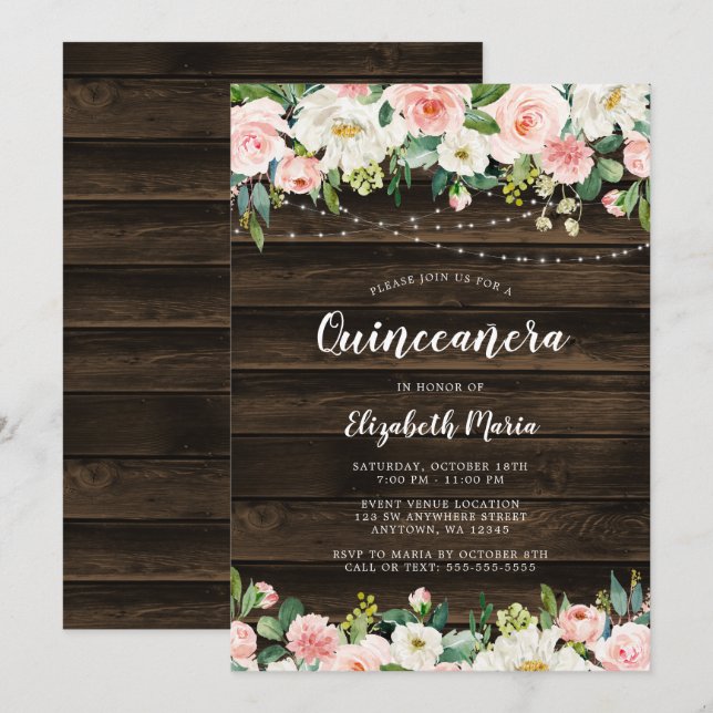 Rustic Pink Floral String Lights Quinceanera Invitation (Front/Back)