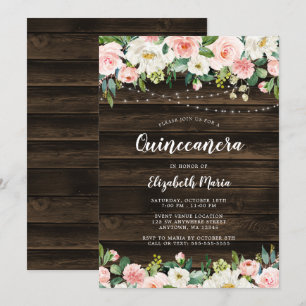 Rustic Pink Floral String Lights Quinceanera Invitation