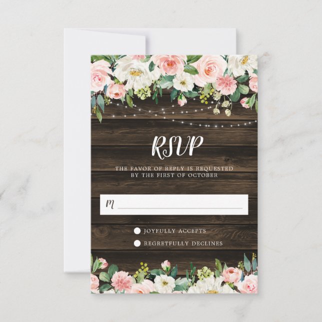 Rustic Pink Floral String Lights RSVP Card (Front)